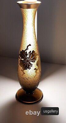 French Art Nouveau Vase in Textural Glass with Brass Overlay Flowers, Stems