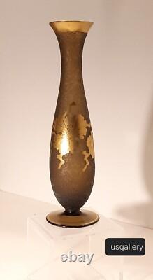 French Art Nouveau Vase in Textural Glass with Brass Overlay Flowers, Stems