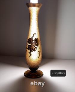French Art Nouveau Vase in Textural Glass with Brass Overlay Flowers, Stems