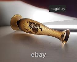 French Art Nouveau Vase in Textural Glass with Brass Overlay Flowers, Stems