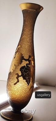 French Art Nouveau Vase in Textural Glass with Brass Overlay Flowers, Stems