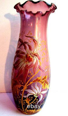 French Art Nouveau vase, enameled parma glass Legras Dahlia and Herbs