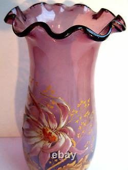 French Art Nouveau vase, enameled parma glass Legras Dahlia and Herbs