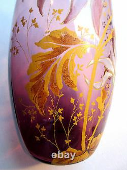 French Art Nouveau vase, enameled parma glass Legras Dahlia and Herbs