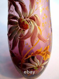 French Art Nouveau vase, enameled parma glass Legras Dahlia and Herbs