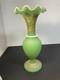 French Baccarat Egyptian Revival Green Opaline Ruffled Vase /applied White Snake