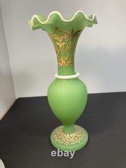 French Baccarat Egyptian Revival Green Opaline Ruffled Vase /applied White Snake