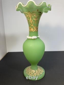 French Baccarat Egyptian Revival Green Opaline Ruffled Vase /applied White Snake