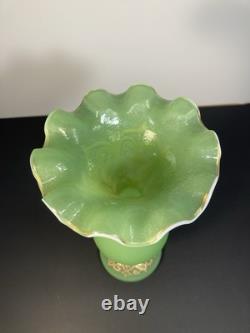 French Baccarat Egyptian Revival Green Opaline Ruffled Vase /applied White Snake