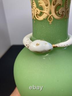 French Baccarat Egyptian Revival Green Opaline Ruffled Vase /applied White Snake