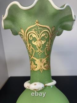 French Baccarat Egyptian Revival Green Opaline Ruffled Vase /applied White Snake