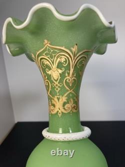 French Baccarat Egyptian Revival Green Opaline Ruffled Vase /applied White Snake