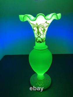French Baccarat Egyptian Revival Green Opaline Ruffled Vase /applied White Snake