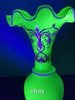 French Baccarat Egyptian Revival Green Opaline Ruffled Vase /applied White Snake