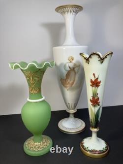 French Baccarat Egyptian Revival Green Opaline Ruffled Vase /applied White Snake