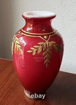 French Baccarat Miniature Vase Cranberry Red Opaline & Gold Enamel Leaves RARE