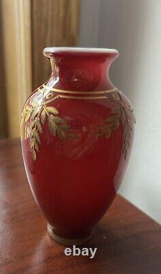 French Baccarat Miniature Vase Cranberry Red Opaline & Gold Enamel Leaves RARE