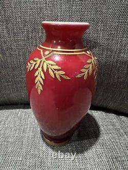 French Baccarat Miniature Vase Cranberry Red Opaline & Gold Enamel Leaves RARE