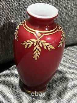 French Baccarat Miniature Vase Cranberry Red Opaline & Gold Enamel Leaves RARE