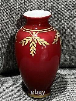 French Baccarat Miniature Vase Cranberry Red Opaline & Gold Enamel Leaves RARE