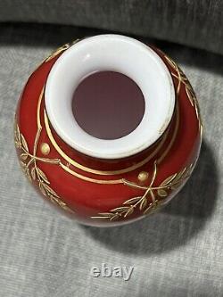 French Baccarat Miniature Vase Cranberry Red Opaline & Gold Enamel Leaves RARE