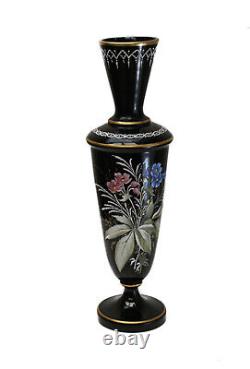 French Black Opaline Glass Hand Painted Footed Vase, circa 1930