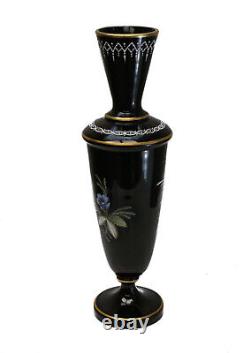 French Black Opaline Glass Hand Painted Footed Vase, circa 1930