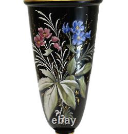 French Black Opaline Glass Hand Painted Footed Vase, circa 1930