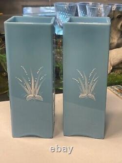 French Blue Milk Glass 7 Square Vase Set Painted Heron Bird Vintage to Antique