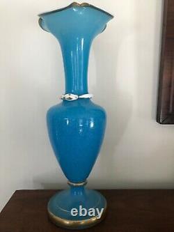 French Blue Opaline Serpent Snake Vase Gilt Detail, 19th Century 16h