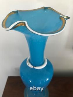 French Blue Opaline Serpent Snake Vase Gilt Detail, 19th Century 16h