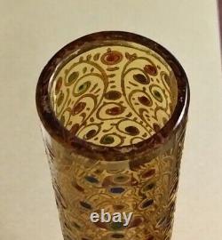 French Bohemian Enamel 13 Art Glass Footed Stick Tube Vase Gold Filigree Scroll