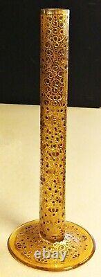 French Bohemian Enamel 13 Art Glass Footed Stick Tube Vase Gold Filigree Scroll