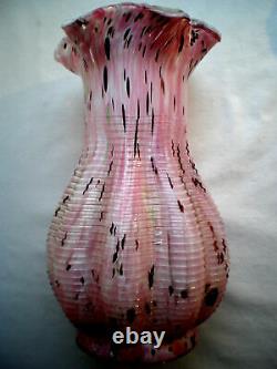 French CLICHY vase, white speckled glass, pink and garnet, Legras production