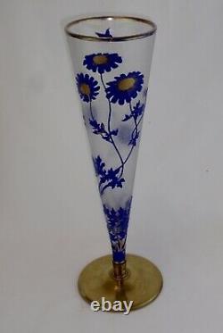 French Cameo Art Glass Trumpet Vase Cobalt Daisies Gold Gilt