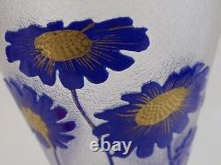 French Cameo Art Glass Trumpet Vase Cobalt Daisies Gold Gilt