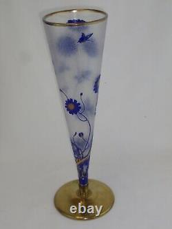 French Cameo Art Glass Trumpet Vase Cobalt Daisies Gold Gilt