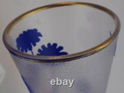 French Cameo Art Glass Trumpet Vase Cobalt Daisies Gold Gilt