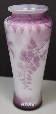 French Cameo Glass Lavender & White Cabinet Vase With Flower Vines Signed De Vez