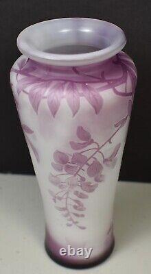 French Cameo Glass Lavender & White Cabinet Vase With Flower Vines Signed De Vez