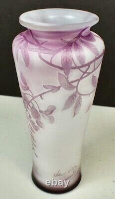 French Cameo Glass Lavender & White Cabinet Vase With Flower Vines Signed De Vez