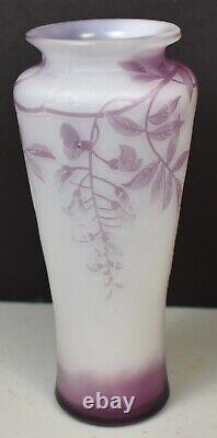 French Cameo Glass Lavender & White Cabinet Vase With Flower Vines Signed De Vez