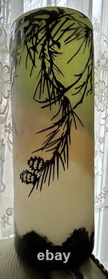 French Cameo Glass Vase PINE CONE Acid Etched Art Deco 5.5wide 14.5 tall