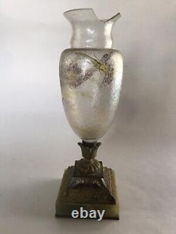 French Champleve And Art Glass Vase Daum Green Onyx Base