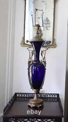 French Cobalt Glass Vase Table Lamp 1880s