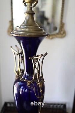 French Cobalt Glass Vase Table Lamp 1880s