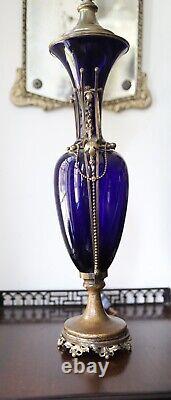 French Cobalt Glass Vase Table Lamp 1880s