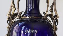 French Cobalt Glass Vase Table Lamp 1880s