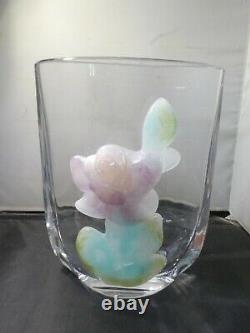 French Daum Pate De Verre Floral Glass On Clear Crystal Vase