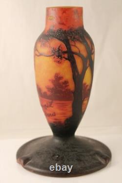 French Duquersil Cameo Glass Vase Trees Lake Landscape Paris